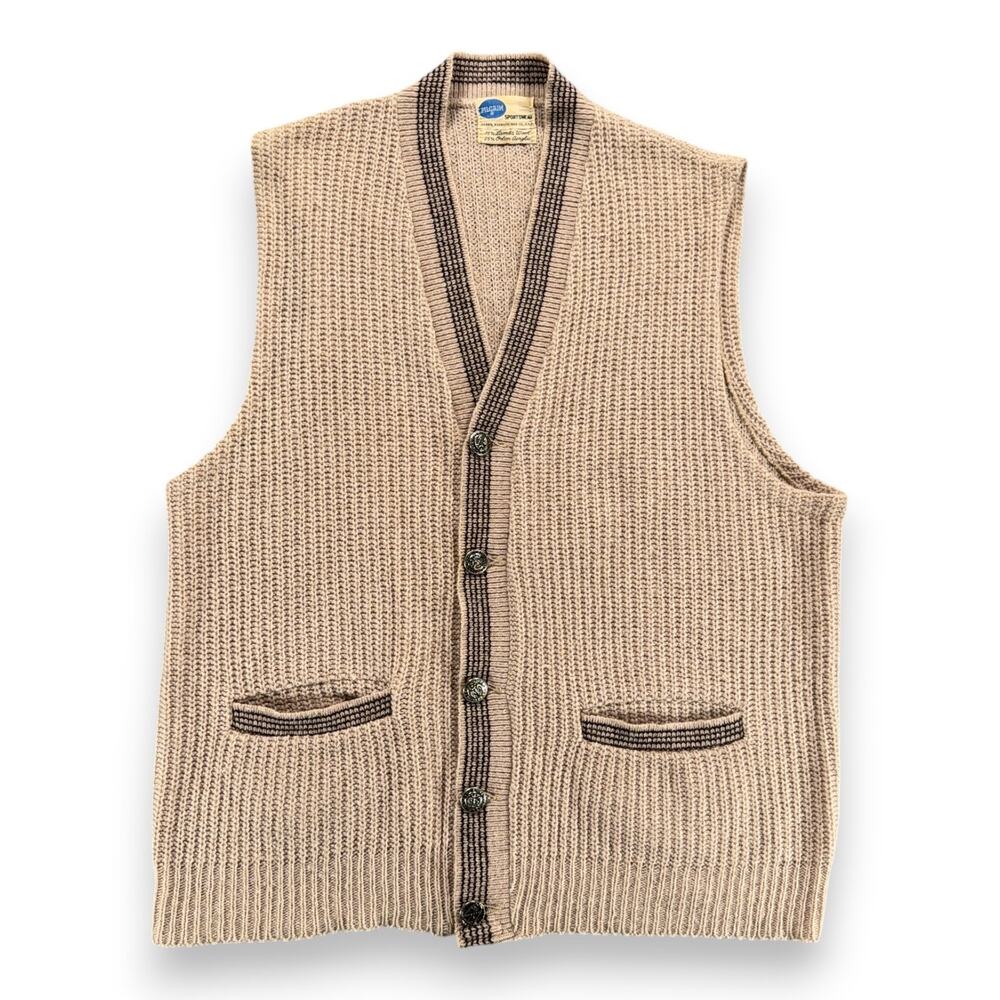 Vintage Pilgrim Sweater Adult MEDIUM Brown Cardigan Vest Sears Lamb Wool USA 60s